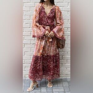 BTFL-LIFE Womens Kira Angel Belted Tiered Chiffon Maxi Dress Size Med